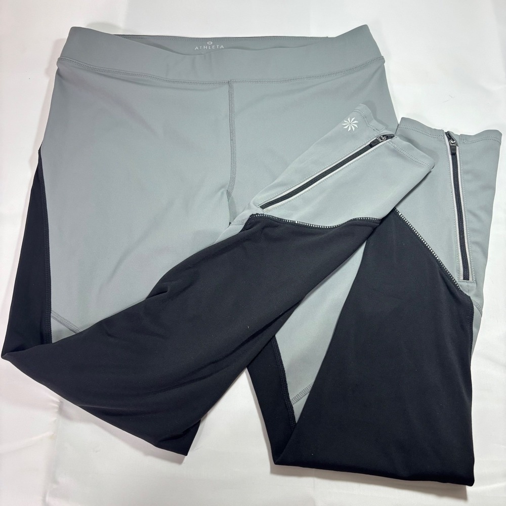 Athleta HOMESTRETCH RUN TIGHT Gray Colorblock Running Leggings Ankle Zip‎ Medium